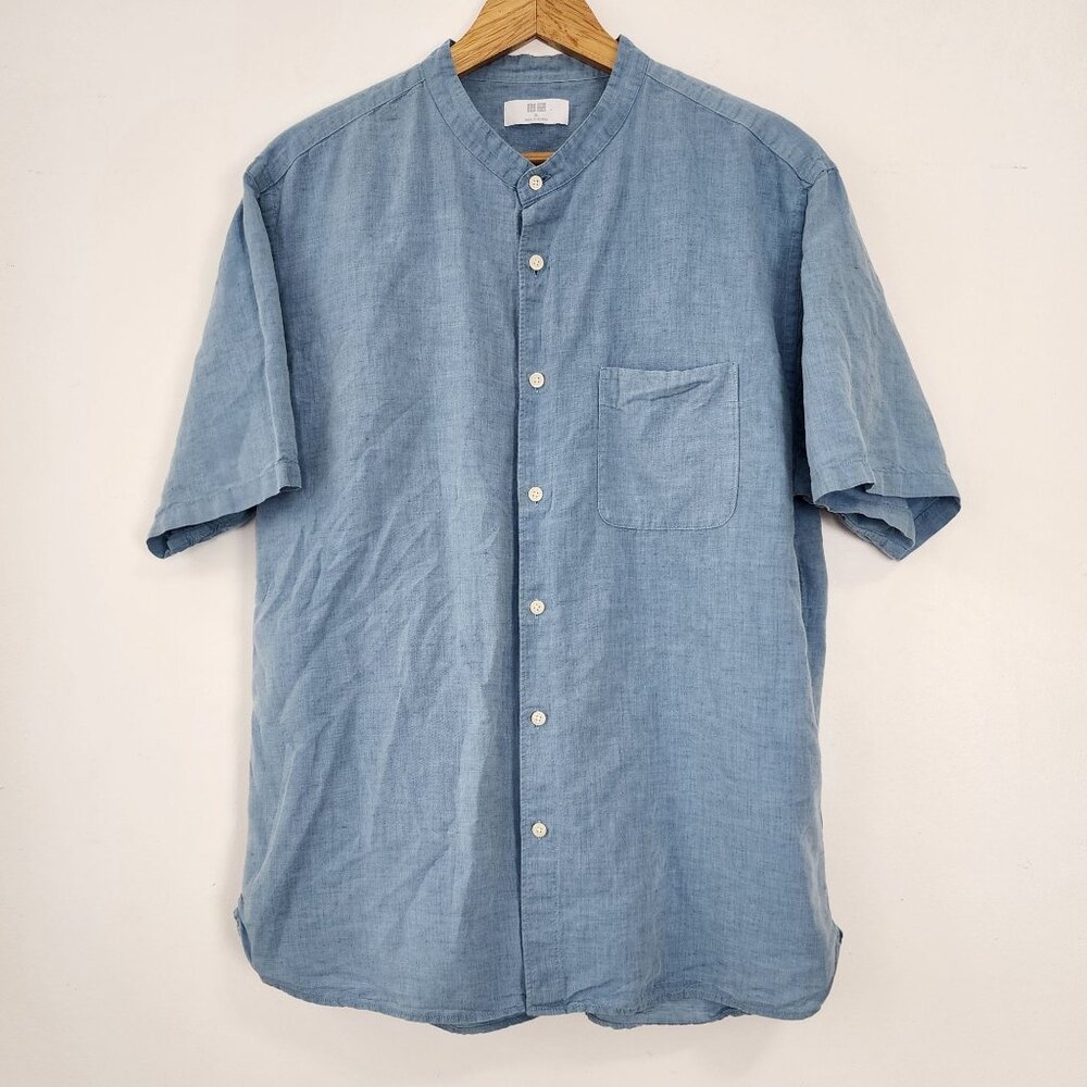 UNIQLO Mens Blue Linen Blend Button-Up Short Sleeve Shirt Mandarin Collar Preppy